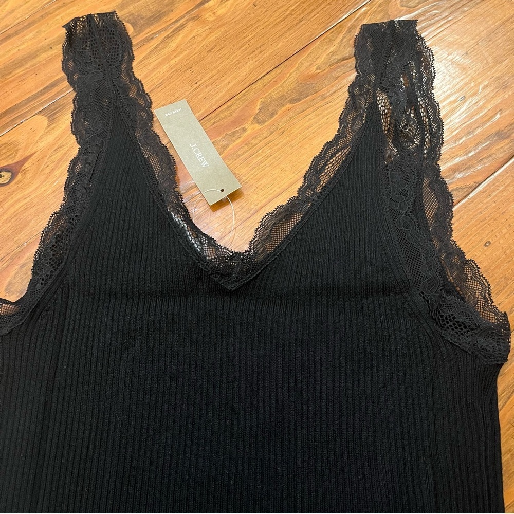 JCrew Lace-Trim Ribbed Y2K Tank Top Bottom Ruffles Black‎ Classic size M - Picture 6 of 16